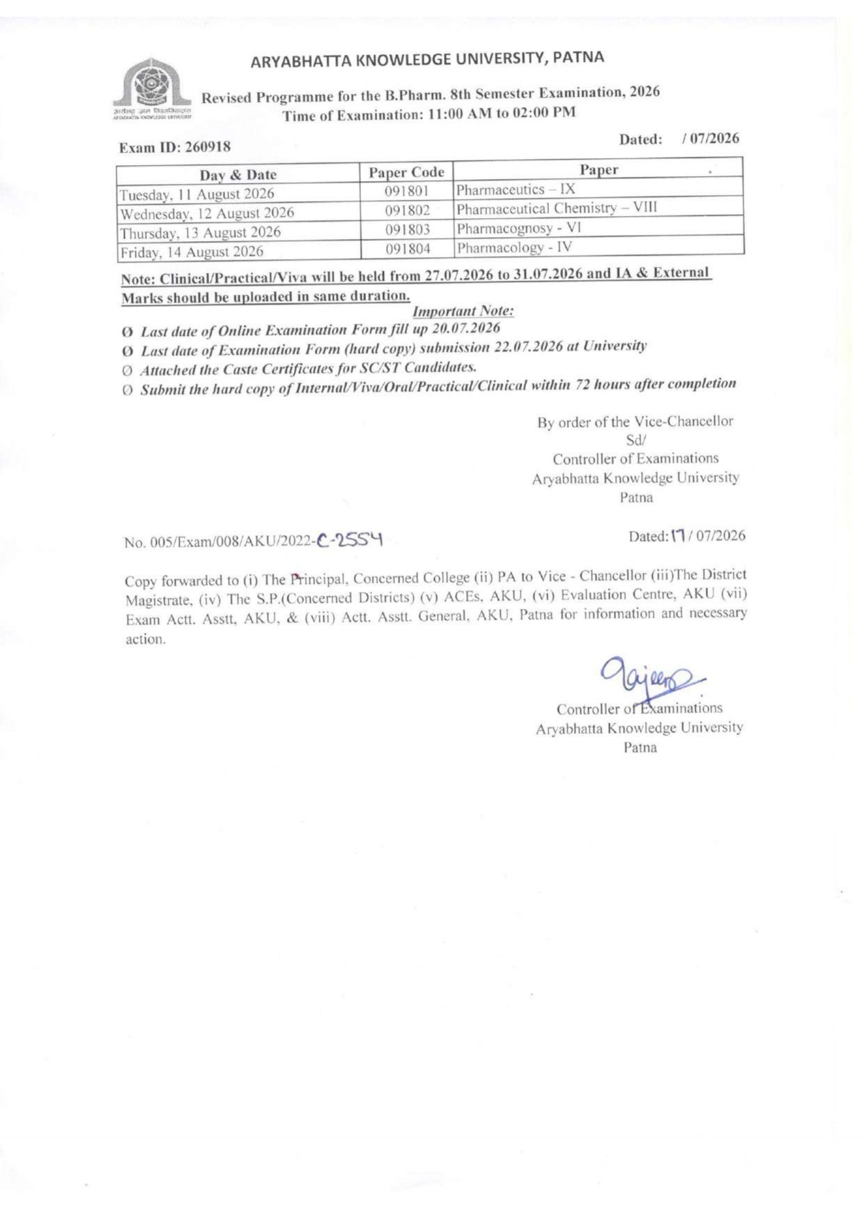 Revised Programme for the B.Pharm. 8th Semester Examination, 2026 Time of Examination: 11:00 AM to 02:00 PM